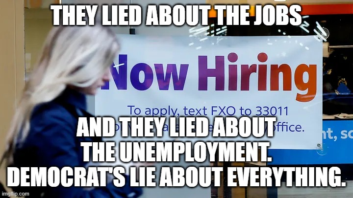 Biden/Harris Lies | THEY LIED ABOUT THE JOBS; AND THEY LIED ABOUT THE UNEMPLOYMENT. DEMOCRAT'S LIE ABOUT EVERYTHING. | image tagged in biden/harris lies | made w/ Imgflip meme maker