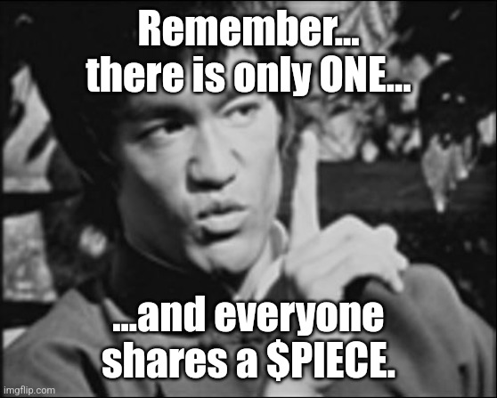 One | Remember... there is only ONE... ...and everyone shares a $PIECE. | image tagged in one | made w/ Imgflip meme maker