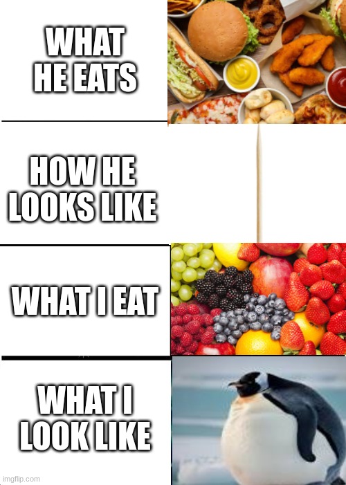 Why is it like this??????? | WHAT HE EATS; HOW HE LOOKS LIKE; WHAT I EAT; WHAT I LOOK LIKE | image tagged in memes,funny | made w/ Imgflip meme maker