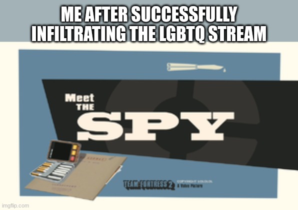 I'm homophobic. HEHEHEHEHEHEHEHEHE- | ME AFTER SUCCESSFULLY INFILTRATING THE LGBTQ STREAM | image tagged in meet the spy | made w/ Imgflip meme maker