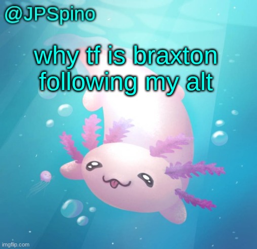 JPSpino's axolotl temp updated | why tf is braxton following my alt | image tagged in jpspino's axolotl temp updated | made w/ Imgflip meme maker