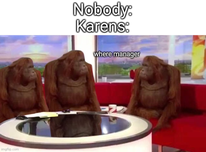 Karens be like | Nobody:
Karens:; where manager | image tagged in where monkey,karen | made w/ Imgflip meme maker