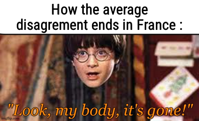 a revolution everytime | How the average disagrement ends in France :; "Look, my body, it's gone!" | image tagged in harry potter | made w/ Imgflip meme maker