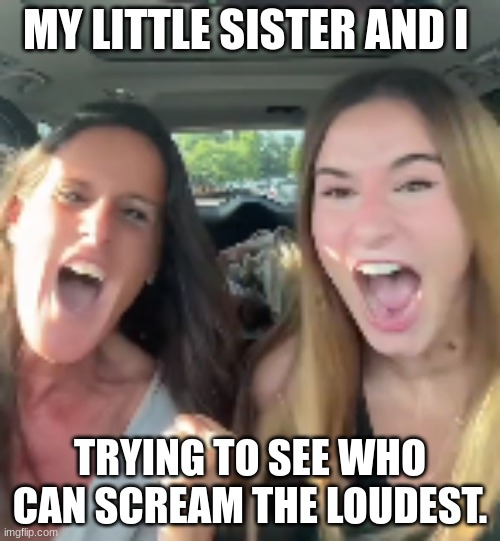 True anyone? | MY LITTLE SISTER AND I; TRYING TO SEE WHO CAN SCREAM THE LOUDEST. | image tagged in sidney and mom screaming | made w/ Imgflip meme maker