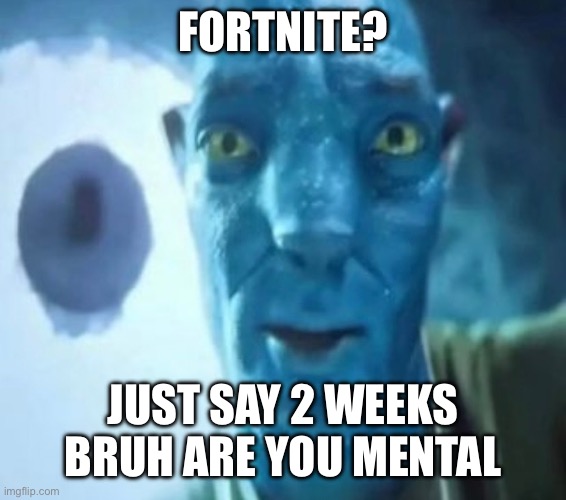 Avatar guy | FORTNITE? JUST SAY 2 WEEKS BRUH ARE YOU MENTAL | image tagged in avatar guy | made w/ Imgflip meme maker