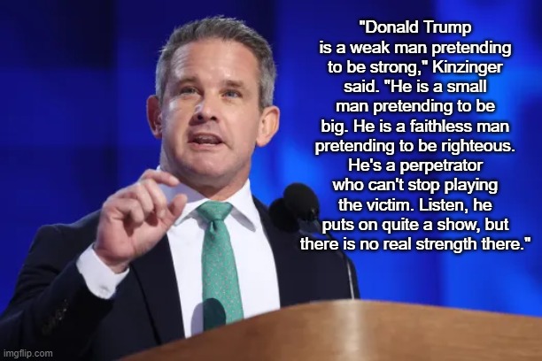 Adam Kinzinger speaks about Donald Trump | "Donald Trump is a weak man pretending to be strong," Kinzinger said. "He is a small man pretending to be big. He is a faithless man pretending to be righteous. He's a perpetrator who can't stop playing the victim. Listen, he puts on quite a show, but there is no real strength there." | image tagged in politics,adam kinzinger,news | made w/ Imgflip meme maker