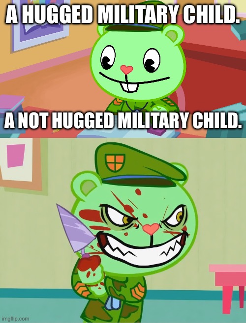 A HUGGED MILITARY CHILD. A NOT HUGGED MILITARY CHILD. | image tagged in flippy | made w/ Imgflip meme maker