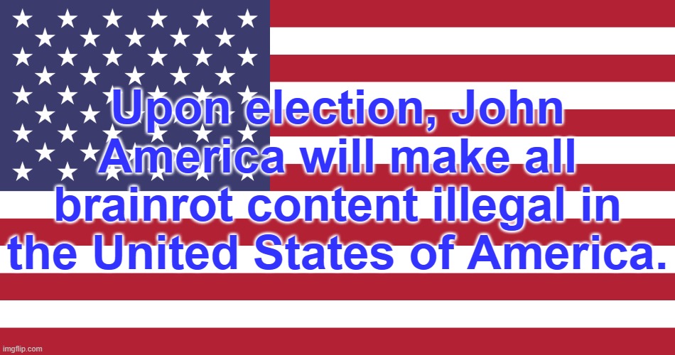 Vote John America | Upon election, John America will make all brainrot content illegal in the United States of America. | image tagged in flag of usa | made w/ Imgflip meme maker