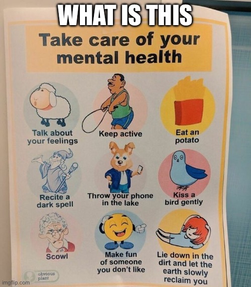 Yes, my favorite ways to take care of my mental health | WHAT IS THIS | image tagged in goofy ahh,why are you reading the tags | made w/ Imgflip meme maker