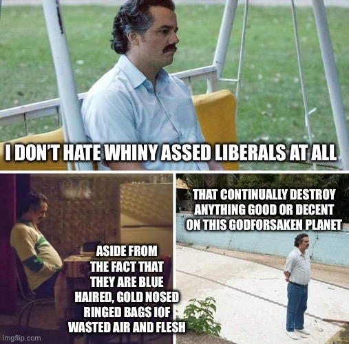 Not hate…just truth | I DON’T HATE WHINY ASSED LIBERALS AT ALL; THAT CONTINUALLY DESTROY ANYTHING GOOD OR DECENT ON THIS GODFORSAKEN PLANET; ASIDE FROM THE FACT THAT THEY ARE BLUE HAIRED, GOLD NOSED RINGED BAGS IOF WASTED AIR AND FLESH | image tagged in memes,sad pablo escobar,whining,liberal logic,fjb,freedom of speech | made w/ Imgflip meme maker