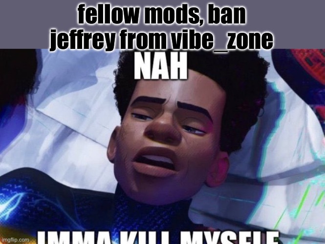 Nah imma kill myself | fellow mods, ban jeffrey from vibe_zone | image tagged in nah imma kill myself | made w/ Imgflip meme maker