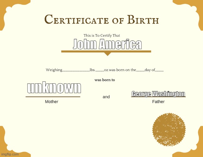 Birth certificate | John America George Washington unknown | image tagged in birth certificate | made w/ Imgflip meme maker