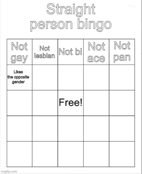 Give me stuff to add | Straight person bingo; Not bi; Not lesbian; Not pan; Not gay; Not ace; Likes the opposite gender | image tagged in blank bingo | made w/ Imgflip meme maker