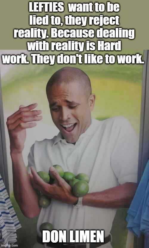 Why Can't I Hold All These Limes | LEFTIES  want to be lied to, they reject reality. Because dealing with reality is Hard work. They don't like to work. DON LIMEN | image tagged in memes,why can't i hold all these limes | made w/ Imgflip meme maker