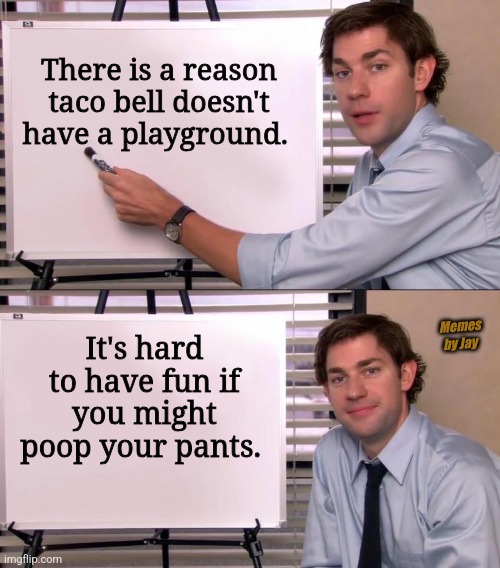 Doh! | There is a reason taco bell doesn't have a playground. Memes by Jay; It's hard to have fun if you might poop your pants. | image tagged in jim halpert explains,poop,taco bell,playground | made w/ Imgflip meme maker