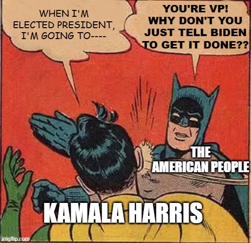 Empty Promises | WHEN I'M ELECTED PRESIDENT, I'M GOING TO----; YOU'RE VP! WHY DON'T YOU JUST TELL BIDEN TO GET IT DONE?? THE AMERICAN PEOPLE; KAMALA HARRIS | image tagged in memes,batman slapping robin | made w/ Imgflip meme maker