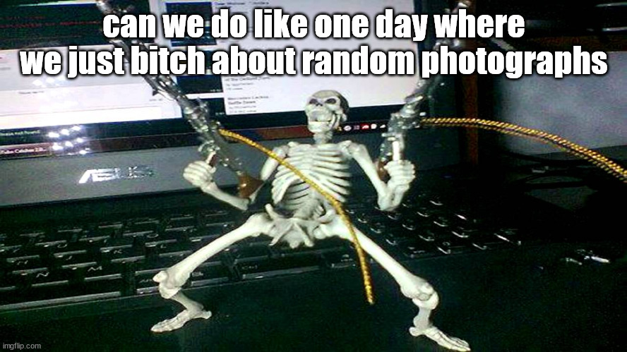skeleton shooting minijun | can we do like one day where we just bitch about random photographs | image tagged in skeleton shooting minijun | made w/ Imgflip meme maker
