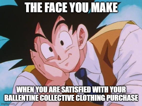 Condescending Goku | THE FACE YOU MAKE; WHEN YOU ARE SATISFIED WITH YOUR BALLENTINE COLLECTIVE CLOTHING PURCHASE | image tagged in memes,condescending goku | made w/ Imgflip meme maker