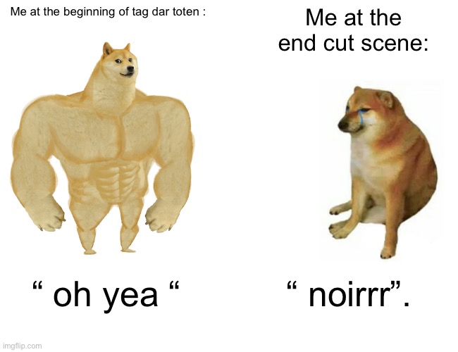 Black ops zombies | Me at the beginning of tag dar toten :; Me at the  end cut scene:; “ oh yea “; “ noirrr”. | image tagged in memes,buff doge vs cheems | made w/ Imgflip meme maker