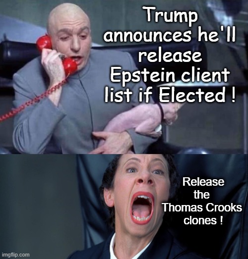 Trump will release Epstein Client List | Trump announces he'll release Epstein client list if Elected ! Release the 
Thomas Crooks 
clones ! | image tagged in dr evil and frau,epstein client list | made w/ Imgflip meme maker