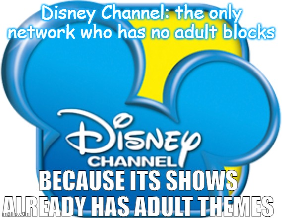 Bro now I know why Disney has no adult block | Disney Channel: the only network who has no adult blocks; BECAUSE ITS SHOWS ALREADY HAS ADULT THEMES | image tagged in disney channel 2010 | made w/ Imgflip meme maker