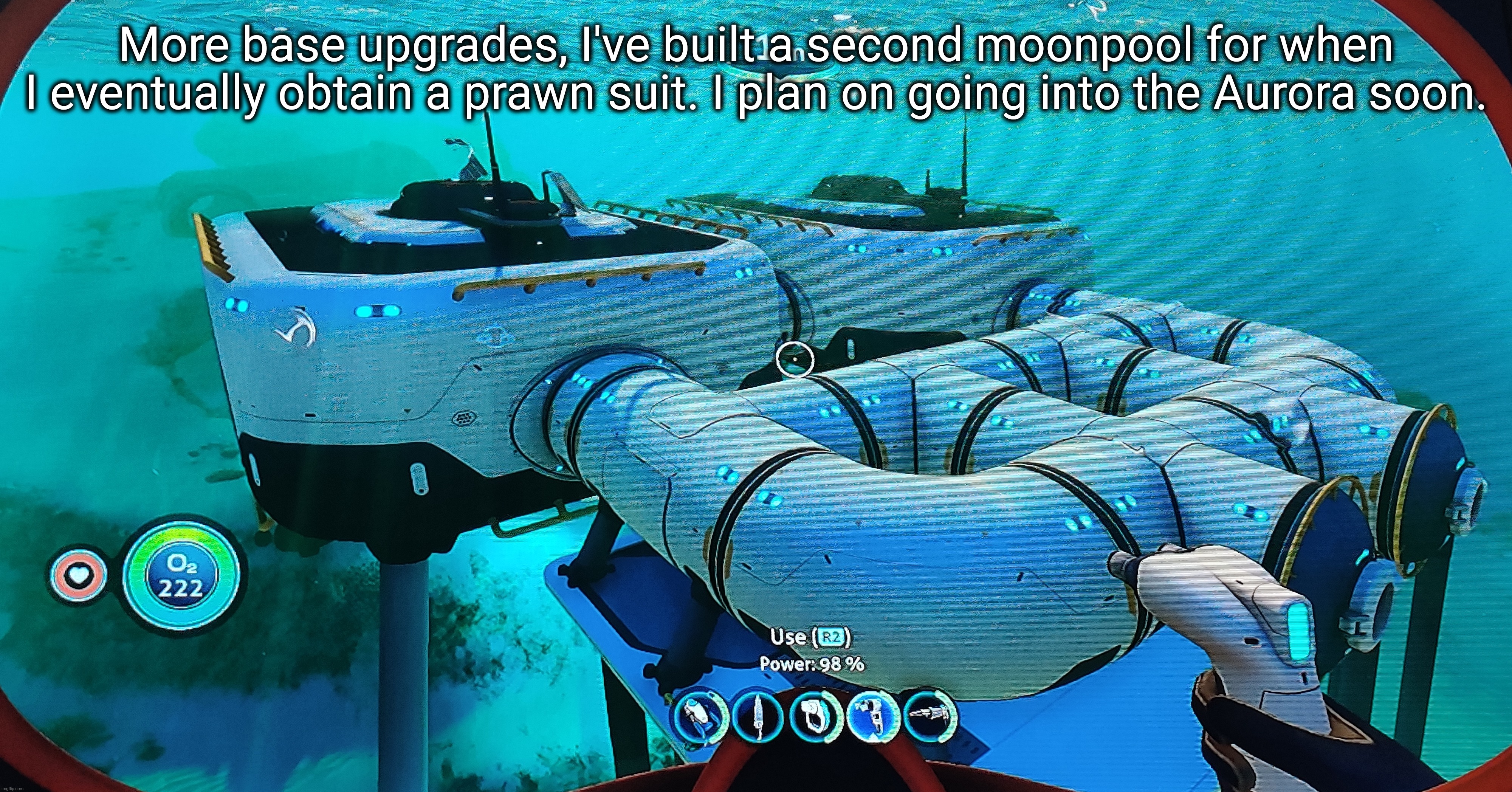 Also wall reinforcements give WAY more hull integrity than I thought, I assumed it'd be 1 point but apparently it's 7 | More base upgrades, I've built a second moonpool for when I eventually obtain a prawn suit. I plan on going into the Aurora soon. | made w/ Imgflip meme maker