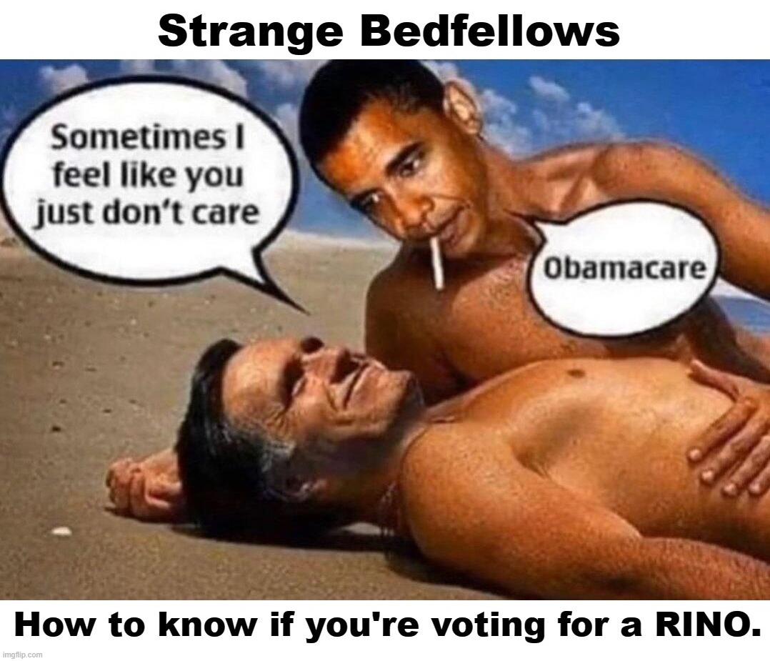 Strange bedfellas. | image tagged in obama,mitt romney,bedfellows,rino,republican in name only,mormons | made w/ Imgflip meme maker