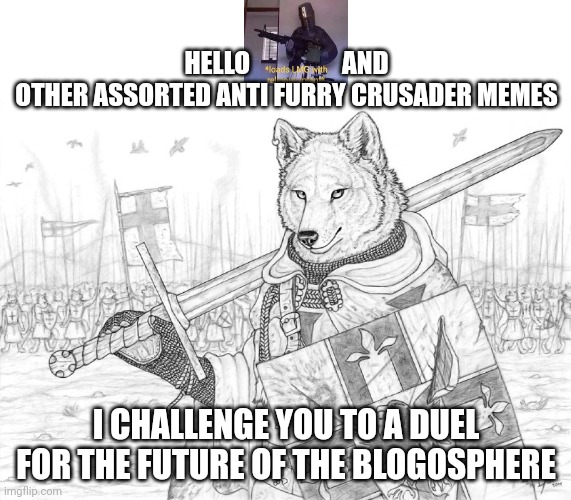 Anti furries are not okay with me | HELLO                  AND OTHER ASSORTED ANTI FURRY CRUSADER MEMES; I CHALLENGE YOU TO A DUEL FOR THE FUTURE OF THE BLOGOSPHERE | image tagged in fursader | made w/ Imgflip meme maker