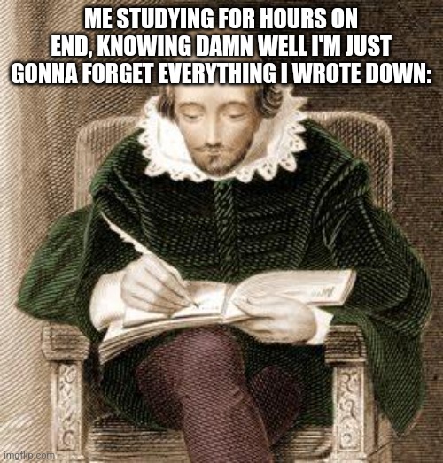 shakespeare writing | ME STUDYING FOR HOURS ON END, KNOWING DAMN WELL I'M JUST GONNA FORGET EVERYTHING I WROTE DOWN: | image tagged in shakespeare writing | made w/ Imgflip meme maker