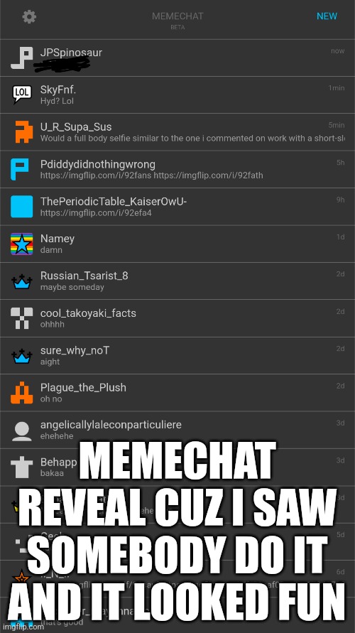 MEMECHAT REVEAL CUZ I SAW SOMEBODY DO IT AND IT LOOKED FUN | made w/ Imgflip meme maker