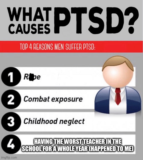 What Causes PTSD | HAVING THE WORST TEACHER IN THE SCHOOL FOR A WHOLE YEAR (HAPPENED TO ME) | image tagged in what causes ptsd | made w/ Imgflip meme maker