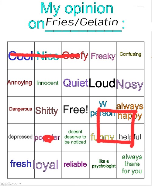 My opinion on ___ bingo by owu | Fries/Gelatin | image tagged in my opinion on ___ bingo by owu | made w/ Imgflip meme maker