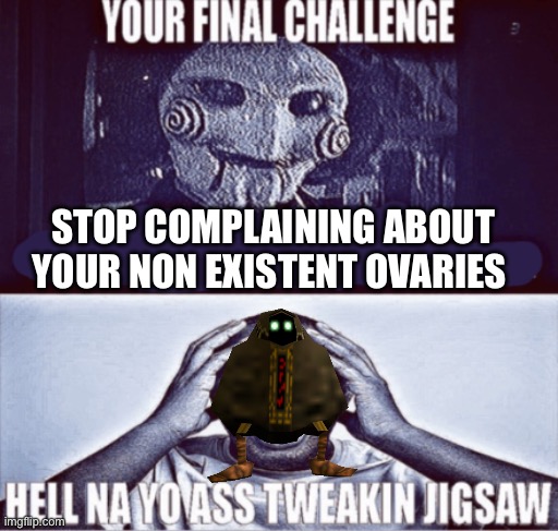 Bob | STOP COMPLAINING ABOUT YOUR NON EXISTENT OVARIES | image tagged in your final challenge,bob | made w/ Imgflip meme maker