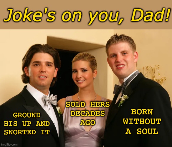 Trump children | SOLD HERS
DECADES
AGO GROUND HIS UP AND SNORTED IT BORN
WITHOUT
A SOUL Joke's on you, Dad! | image tagged in trump children | made w/ Imgflip meme maker