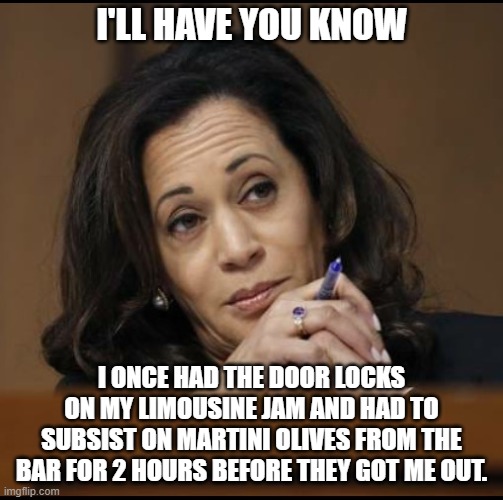 Kamala Harris  | I'LL HAVE YOU KNOW I ONCE HAD THE DOOR LOCKS ON MY LIMOUSINE JAM AND HAD TO SUBSIST ON MARTINI OLIVES FROM THE BAR FOR 2 HOURS BEFORE THEY G | image tagged in kamala harris | made w/ Imgflip meme maker