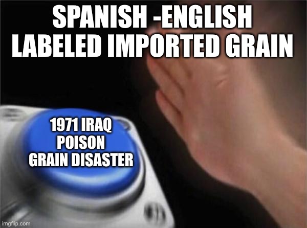 Blank Nut Button | SPANISH -ENGLISH LABELED IMPORTED GRAIN; 1971 IRAQ POISON GRAIN DISASTER | image tagged in memes,blank nut button | made w/ Imgflip meme maker