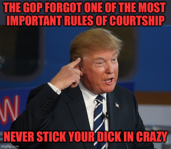 crazy like a rabid fox | THE GOP FORGOT ONE OF THE MOST 
IMPORTANT RULES OF COURTSHIP; NEVER STICK YOUR DICK IN CRAZY | image tagged in donald trump pointing to his head | made w/ Imgflip meme maker