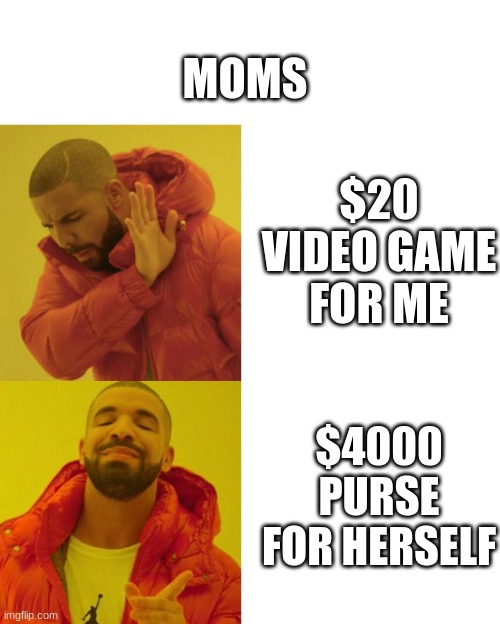 Drake Blank | MOMS; $20 VIDEO GAME FOR ME; $4000 PURSE FOR HERSELF | image tagged in drake blank | made w/ Imgflip meme maker