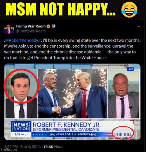 I'm surprised they allow RFK Jr on to tell the truth... the look on the interviewer's face says it all | MSM NOT HAPPY... 😂 | image tagged in rfk jr,campaigning,for trump,no wonder why biden took away his ss protection | made w/ Imgflip meme maker