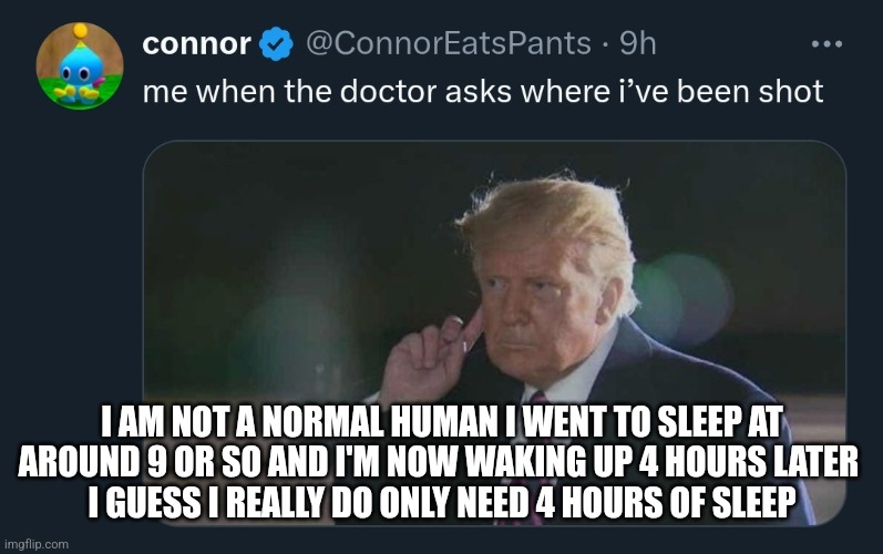 Trump | I AM NOT A NORMAL HUMAN I WENT TO SLEEP AT AROUND 9 OR SO AND I'M NOW WAKING UP 4 HOURS LATER 
I GUESS I REALLY DO ONLY NEED 4 HOURS OF SLEEP | image tagged in trump | made w/ Imgflip meme maker