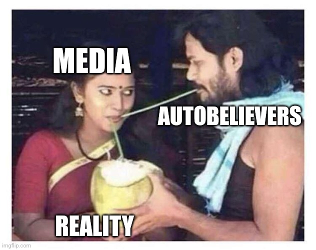 Autobelievers | MEDIA; AUTOBELIEVERS; REALITY | image tagged in coconut share,media | made w/ Imgflip meme maker