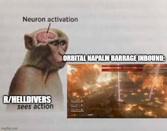 Neuron activation | ORBITAL NAPALM BARRAGE INBOUND:; R/HELLDIVERS | image tagged in neuron activation | made w/ Imgflip meme maker