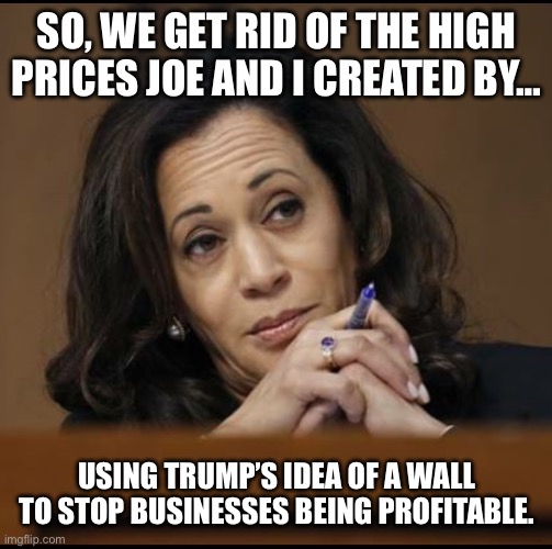 Kamala Harris  | SO, WE GET RID OF THE HIGH PRICES JOE AND I CREATED BY…; USING TRUMP’S IDEA OF A WALL TO STOP BUSINESSES BEING PROFITABLE. | image tagged in kamala harris | made w/ Imgflip meme maker