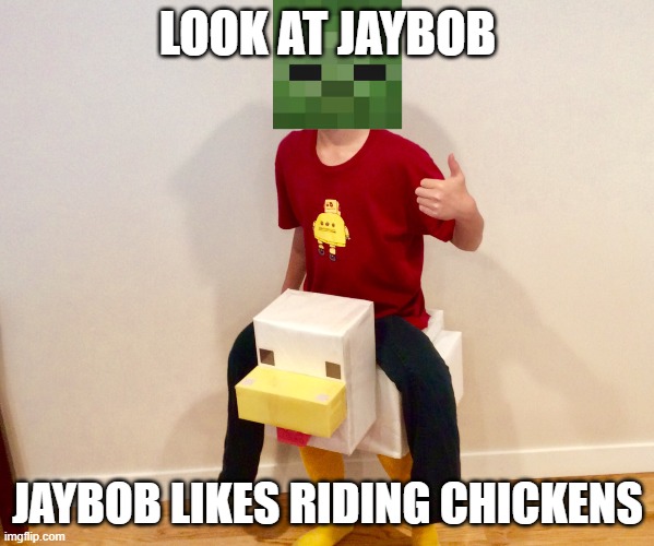 Jaybob Chicken Rider | LOOK AT JAYBOB; JAYBOB LIKES RIDING CHICKENS | image tagged in minecraft | made w/ Imgflip meme maker