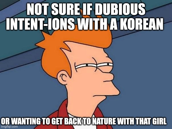 Not sure if- fry | NOT SURE IF DUBIOUS INTENT-IONS WITH A KOREAN OR WANTING TO GET BACK TO NATURE WITH THAT GIRL | image tagged in not sure if- fry | made w/ Imgflip meme maker