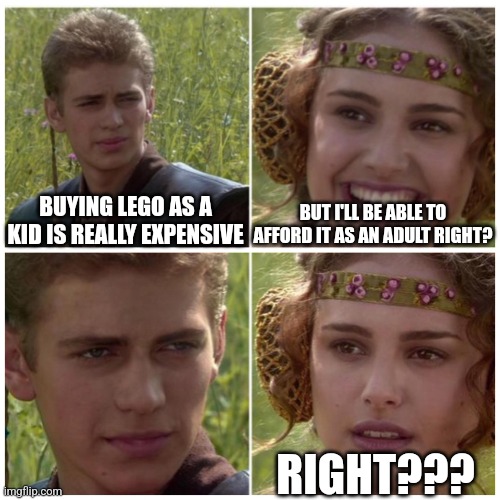 Expensive life | BUT I'LL BE ABLE TO AFFORD IT AS AN ADULT RIGHT? BUYING LEGO AS A KID IS REALLY EXPENSIVE; RIGHT??? | image tagged in anakin padme meme,lego,expectation vs reality | made w/ Imgflip meme maker