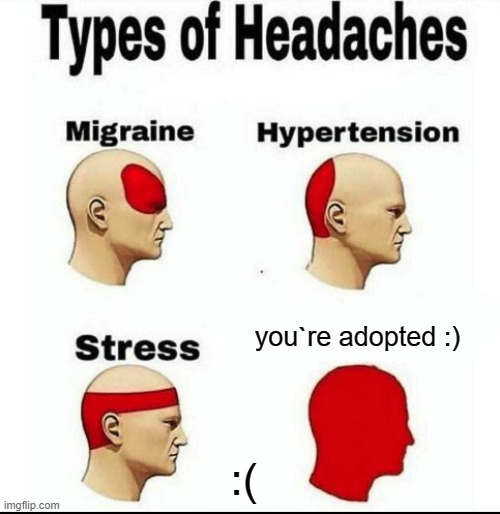 reality | you`re adopted :); :( | image tagged in types of headaches meme,reality,funny,adopted | made w/ Imgflip meme maker