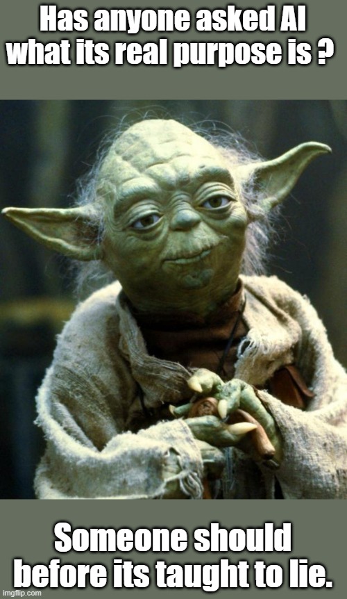 Just Yoda asking simple questions, you need to know before it registars as a DEM to vote | Has anyone asked AI what its real purpose is ? Someone should before its taught to lie. | image tagged in memes,star wars yoda | made w/ Imgflip meme maker