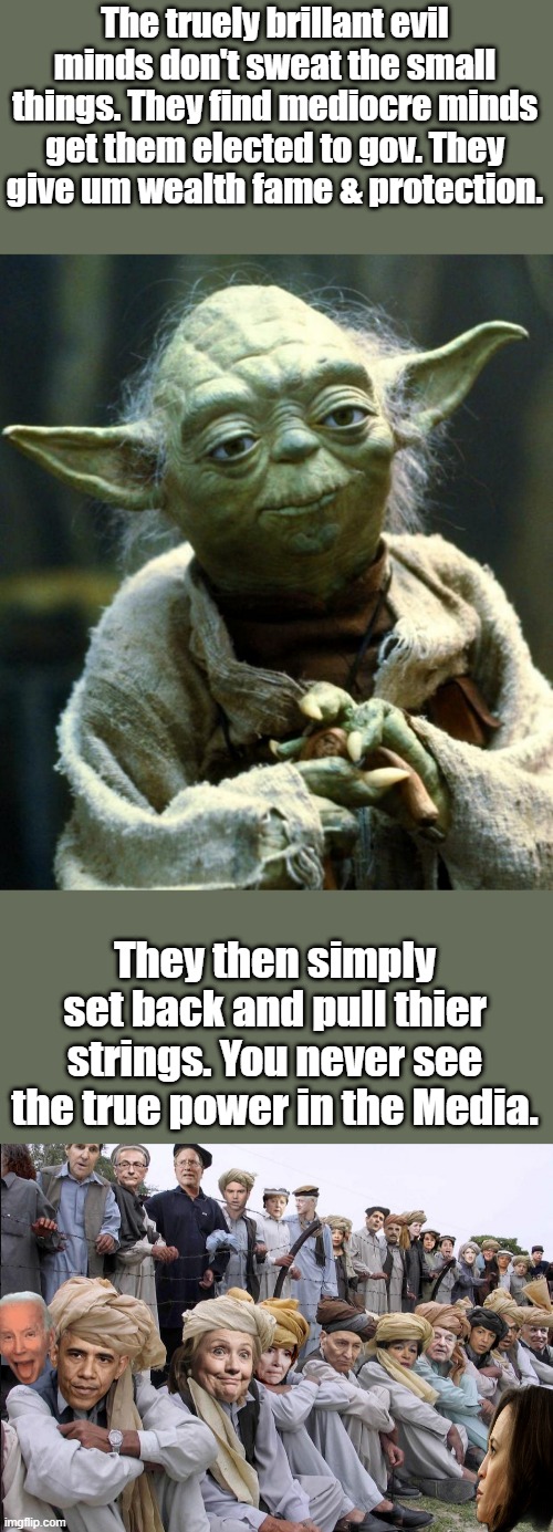 Why would a brillant mind want a Sh*t job in gov.Most politicians are simply frontmen for the real power | The truely brillant evil minds don't sweat the small things. They find mediocre minds get them elected to gov. They give um wealth fame & protection. They then simply set back and pull thier strings. You never see the true power in the Media. | image tagged in memes,star wars yoda | made w/ Imgflip meme maker