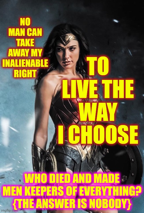 It's MY Life So ... Back The F Off! | TO LIVE THE WAY I CHOOSE; NO MAN CAN TAKE AWAY MY INALIENABLE RIGHT; WHO DIED AND MADE MEN KEEPERS OF EVERYTHING?
{THE ANSWER IS NOBODY} | image tagged in wonder woman,you're not my father,you're not my priest,memes,maga men,you are not god | made w/ Imgflip meme maker